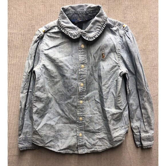 Polo Ralph Lauren Girls Denim Shirt Size 5 Button Up Round Ruffle Collar - Picture 1 of 14